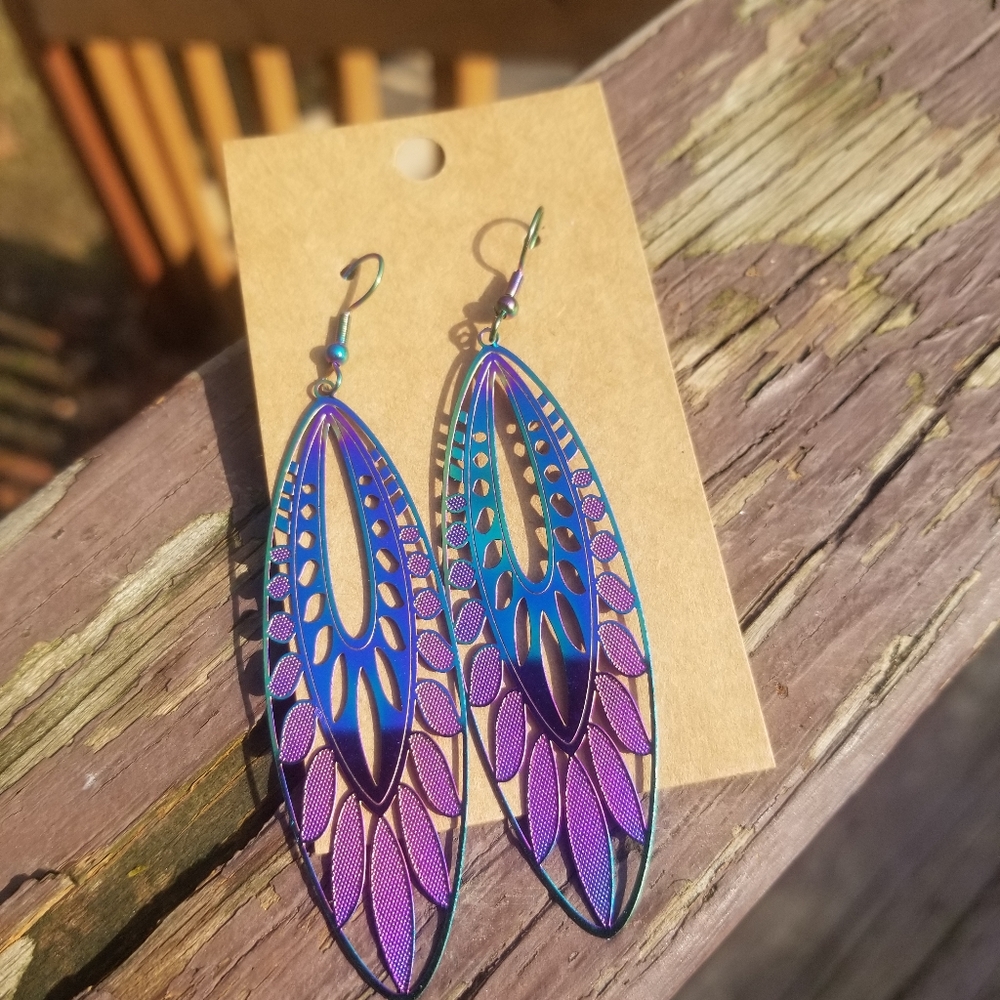 Holographic Rainbow color change Stainless Steel Drop Earrings Light as Feather
